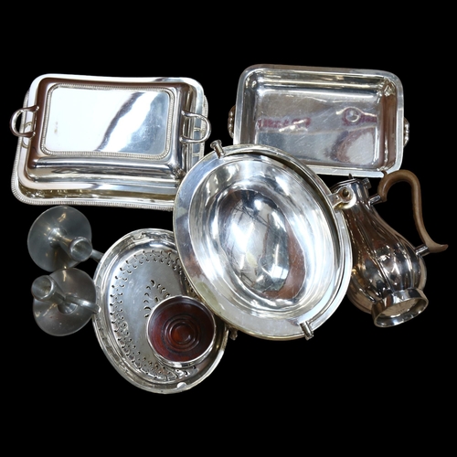 1147 - A silver plated roll-over bacon dish, a tureen and cover, wine coaster etc (boxful)