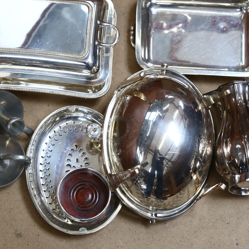 1147 - A silver plated roll-over bacon dish, a tureen and cover, wine coaster etc (boxful)