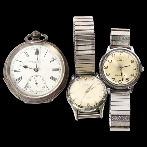 1157 - THOMAS HARRISON, LONDON - a silver-cased pocket watch (A/F), a quartz Timex wristwatch, and a Certin... 