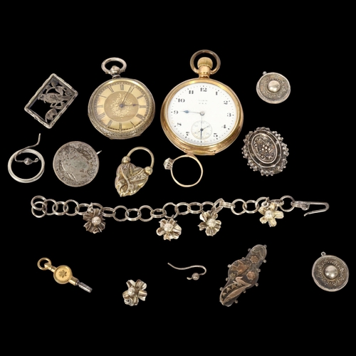 1158 - An Elgin brass-cased top-wind pocket watch, a Continental fob watch, a flowerhead design silver brac... 