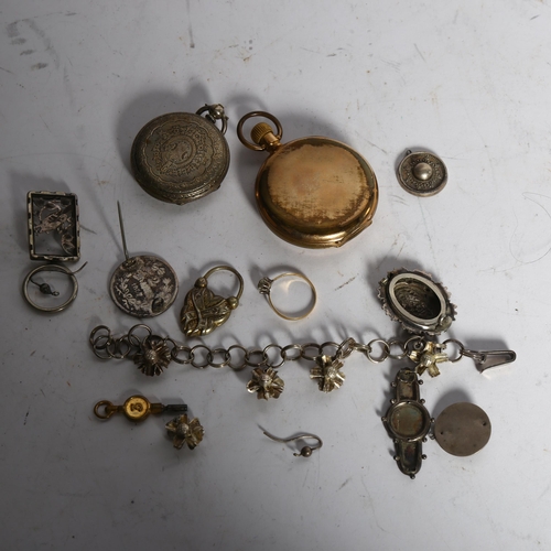 1158 - An Elgin brass-cased top-wind pocket watch, a Continental fob watch, a flowerhead design silver brac... 