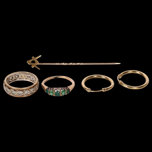 1160 - A 9ct gold Masonic tie pin, and a pair of 9ct gold hoop earrings, (1.2g), and unmarked gold ring, an... 