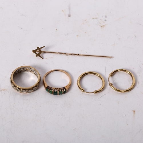 1160 - A 9ct gold Masonic tie pin, and a pair of 9ct gold hoop earrings, (1.2g), and unmarked gold ring, an... 