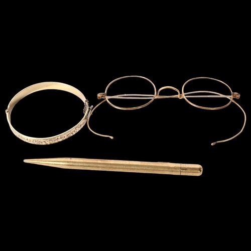 1167 - An engraved bracelet, 9ct and metal core, gilt-metal spectacles, and a gilt-metal Mabel Todd & Compa... 