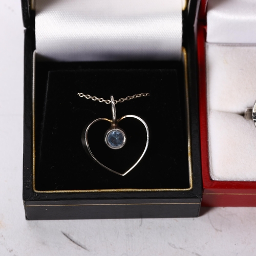 1173 - A Finnish silver heart-shape and aquamarine set pendant with silver chain, and a stylised sterling s... 