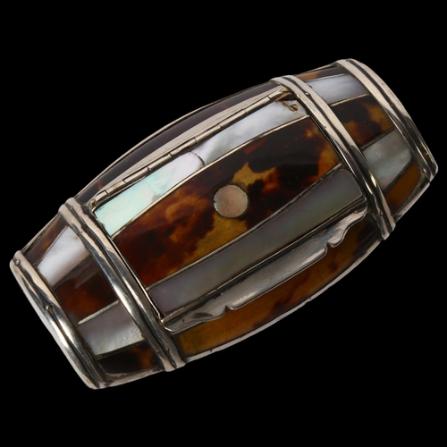 1180 - A 19th century French tortoiseshell and white metal-mounted barrel-shape snuffbox, length 7.5cm