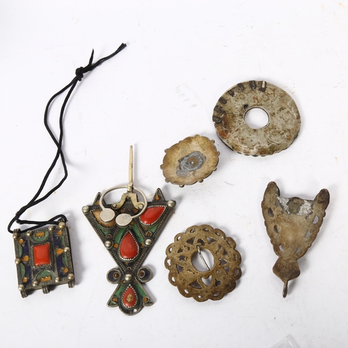 1185 - A collection of North African silver coral with blue enamel decorated mounts and pendants, a similar... 