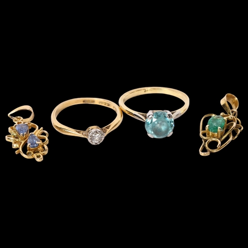 1187 - A group of gold jewellery, including a small 18ct gold diamond set solitaire ring, 1.7g, size K, a 9... 