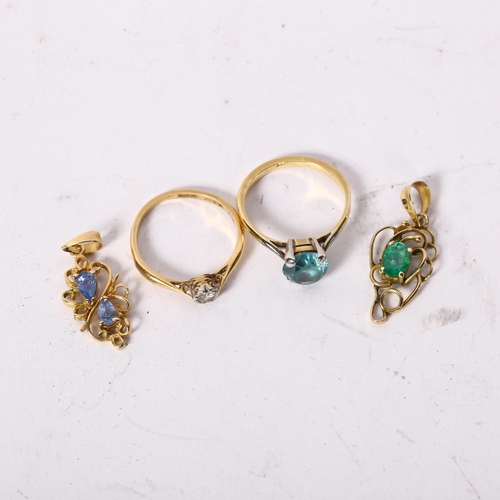 1187 - A group of gold jewellery, including a small 18ct gold diamond set solitaire ring, 1.7g, size K, a 9... 