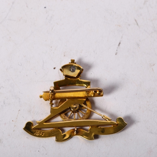 1188 - A 15ct gold Royal Artillery sweetheart brooch, with enamelled crown and motif, length 35mm, 4.9g
