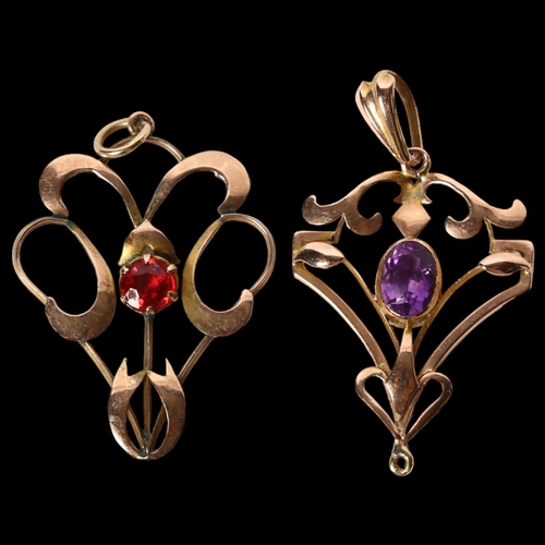 1191 - 2 delicate 9ct gold stone set pendants, each approximately 36mm overall length