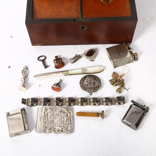 1195 - A group of silver and other items, including a Mexican silver panel bracelet, a gilt-metal fob with ... 