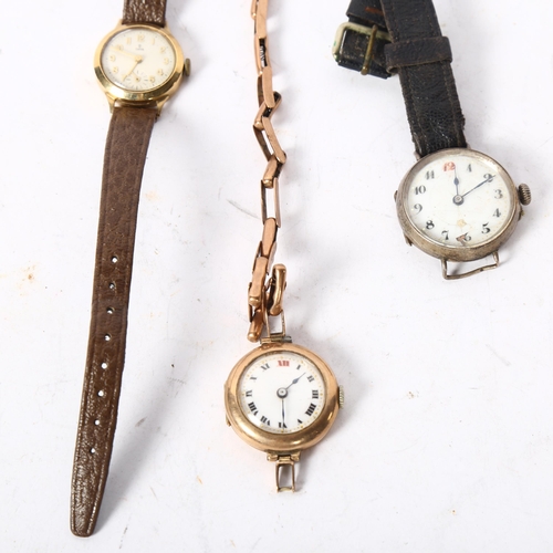 1196 - A lady's 9ct gold cased wristwatch, with enamelled dial and red number 12, with a 9ct sprung strap, ... 