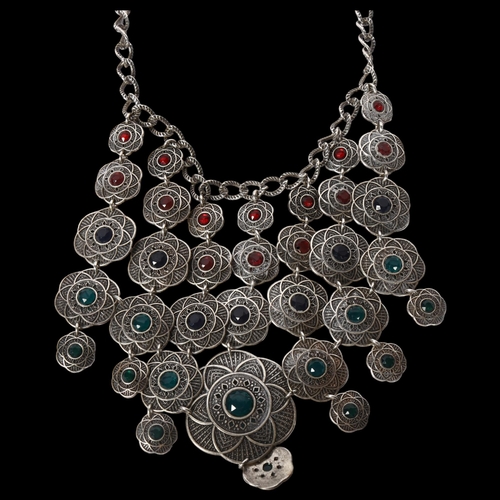 1211 - LUCKY BRAND - a Moorish design circular interwoven design 7-strand drop pendant necklace, set with r... 