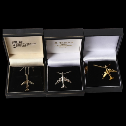 1213 - 3 sterling silver-gilt aircraft design pendants and chains