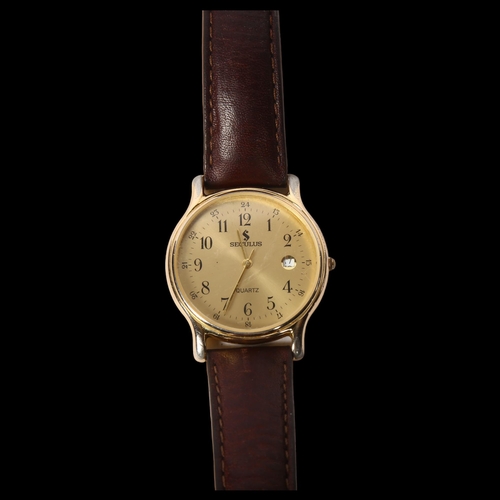 1218 - SECULUS - a gold plated quartz wristwatch with date aperture, leather strap, working order