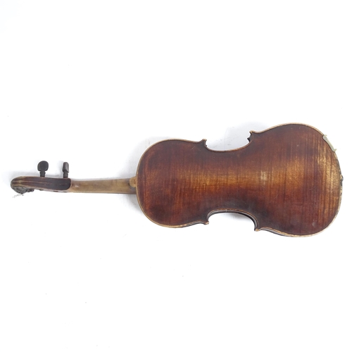 528 - A Victorian violin, with carved lionhead scroll, and horsehair bow, in hardshell case, violin is in ... 