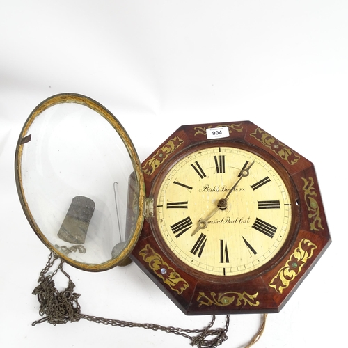 904 - A Regency rosewood and brass inlaid (Wag on the wall) clock, with octagonal bezel and painted wood d... 