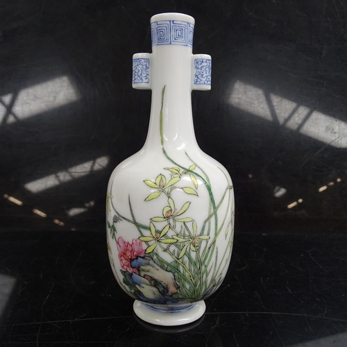 375 - A Chinese famille rose porcelain arrow bottle vase, hand painted and enamelled decoration, with rock... 