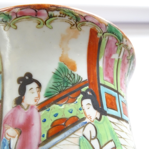 738 - A pair of large Chinese Canton famille rose ceramic baluster oil lamps, with hand painted and enamel... 