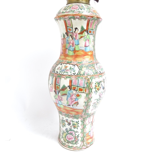 738 - A pair of large Chinese Canton famille rose ceramic baluster oil lamps, with hand painted and enamel... 