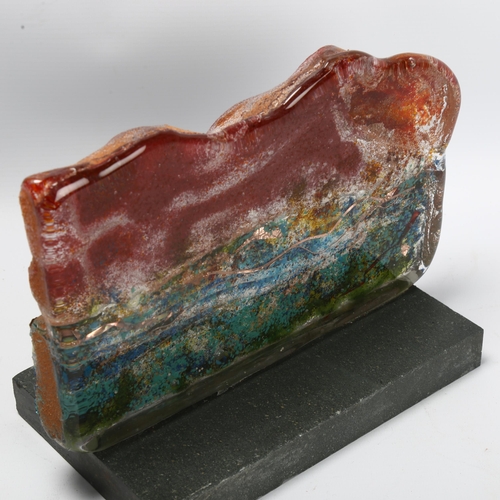 549 - A contemporary multi-colour glass abstract sculpture on slate base, unsigned, sculpture length 26cm,... 