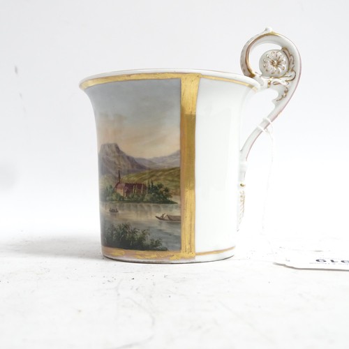 919 - A fine 19th century hand painted porcelain cabinet cup, with landscape scene depicting riverside vil... 