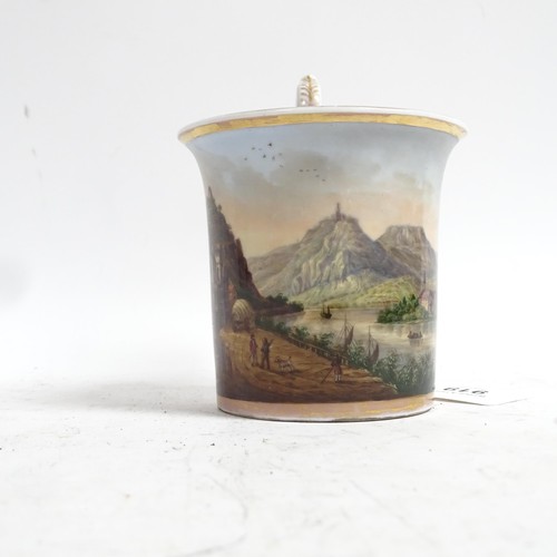 919 - A fine 19th century hand painted porcelain cabinet cup, with landscape scene depicting riverside vil... 