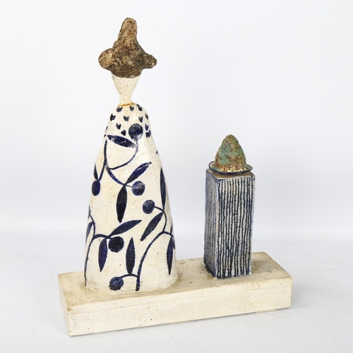 503 - Jane Muir studio ceramic sculpture, woman with plate on plinth, signed under base, height 34cm, leng... 