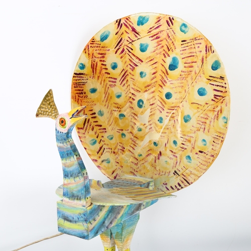 543 - Gerard Rigot (b.1929), France, a hand carved wooden Peacock lamp with perspex tail fan, signed to ba... 