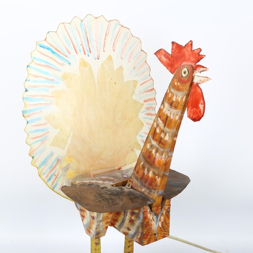 544 - Gerard Rigot (b.1929), France, a hand carved wooden Cockeral lamp with perspex tail fan and metal wi... 