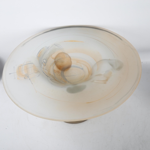 547 - Ion Tamaian, Romania, a large frosted peach glass tazza, etched signature to base, height 22.5cm , d... 