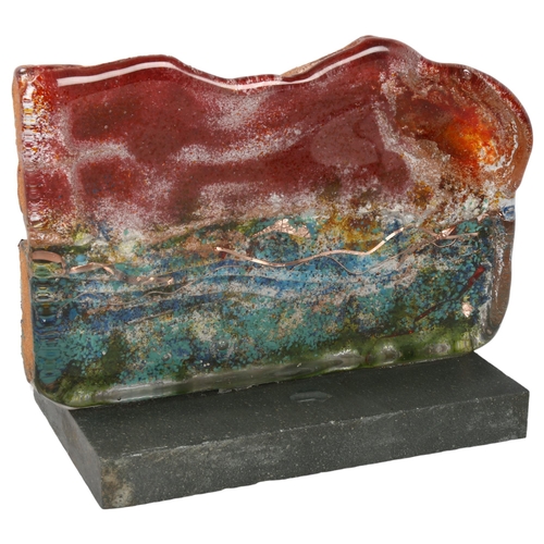 549 - A contemporary multi-colour glass abstract sculpture on slate base, unsigned, sculpture length 26cm,... 