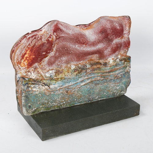 549 - A contemporary multi-colour glass abstract sculpture on slate base, unsigned, sculpture length 26cm,... 