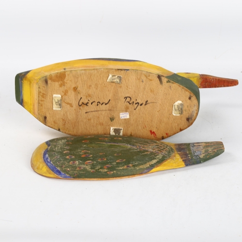 561 - Gerard Rigot (b1929), a wooden hand carved and painted box in duck form, signed to base, length 38cm