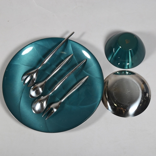 595 - A group of mid-century blue enamel tableware, by different makers, including Catherine Holm charger,... 