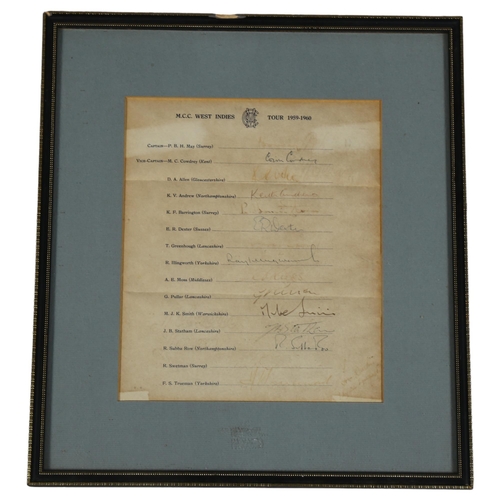 280 - CRICKET INTEREST - a sheet of autographs of players, MCC West Indies Tour 1959 - 1960, framed