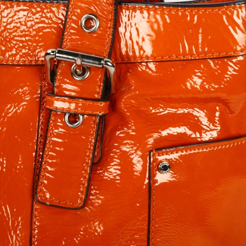 281 - Jaeger Burnt Orange patent leather handbag with dust bag, length approx 35cm