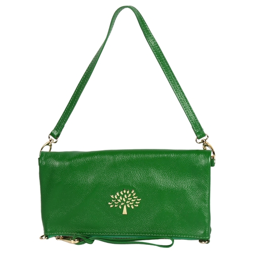 284 - Mulberry green leather fold over clutch bag, length 26cm, with dust bag