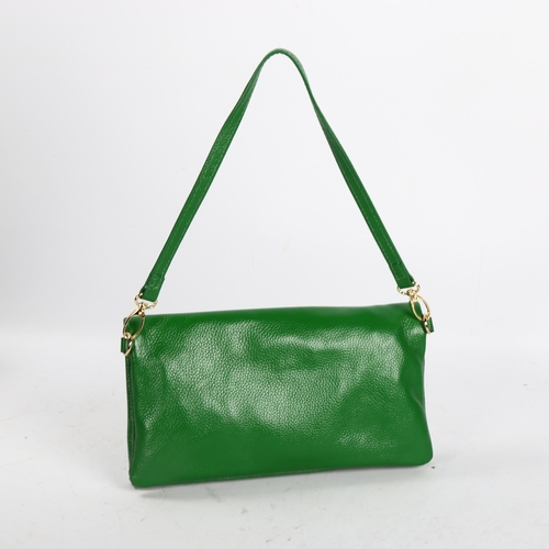 284 - Mulberry green leather fold over clutch bag, length 26cm, with dust bag