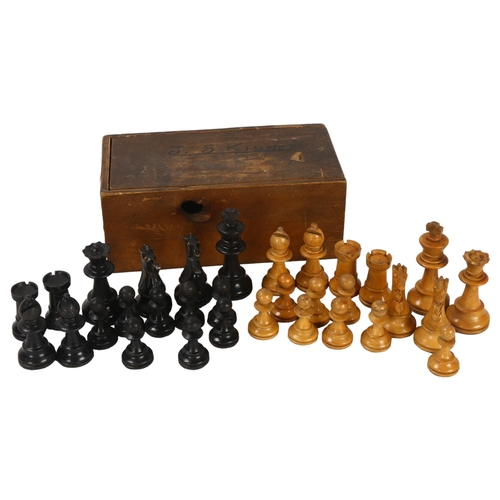 305 - A boxwood and ebonised Staunton pattern chess set, King height 6.5cm, with box