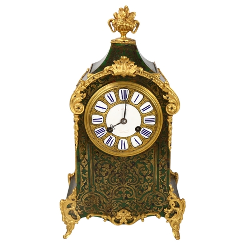 317 - A 19th century Boulle marquetry mantel clock, green stained tortoiseshell and brass inlay with ormol... 