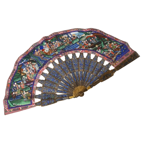 325 - A 19th century Chinese unmarked silver and enamel fan, with hand painted paper screen, length 28cm