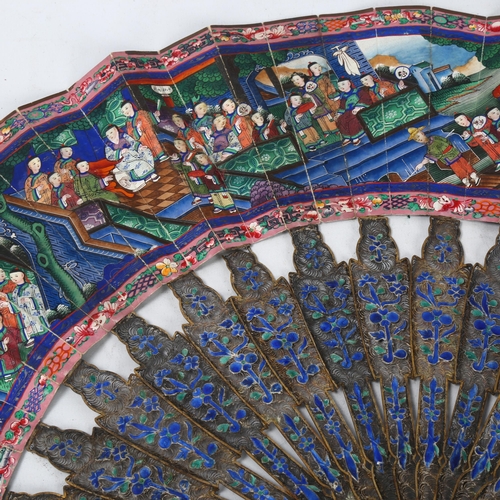 325 - A 19th century Chinese unmarked silver and enamel fan, with hand painted paper screen, length 28cm