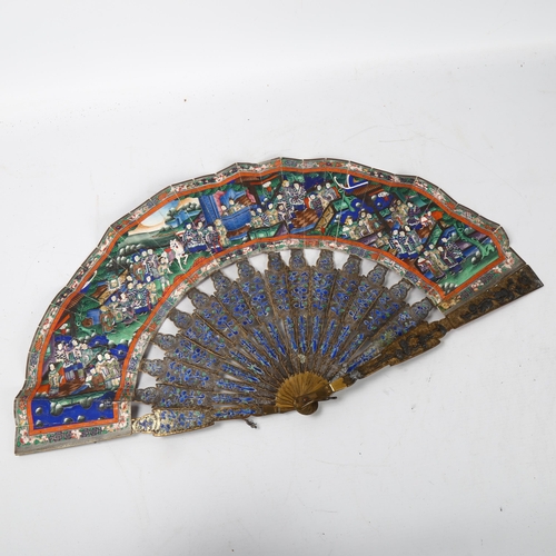 325 - A 19th century Chinese unmarked silver and enamel fan, with hand painted paper screen, length 28cm