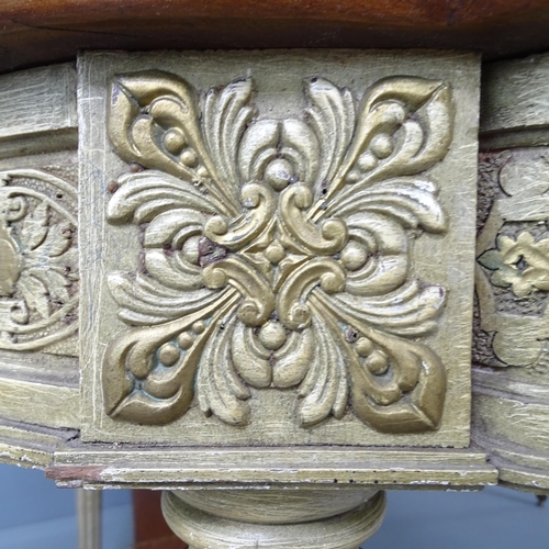 2280 - An ornate French walnut and kingwood dining table, with inlaid floral decoration on carved and paint... 