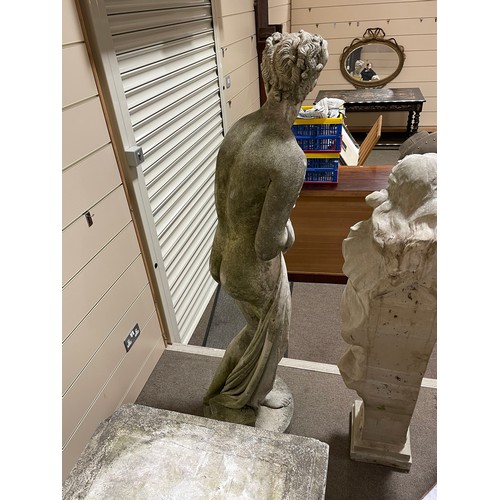 275 - A weathered concrete life-size garden statue of Pandora, on square column base, figure height 175cm,... 