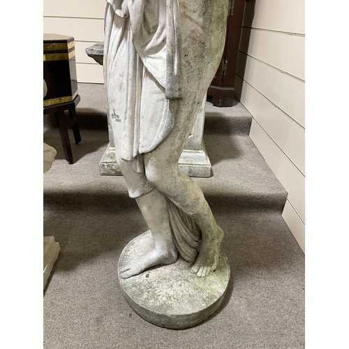 275 - A weathered concrete life-size garden statue of Pandora, on square column base, figure height 175cm,... 