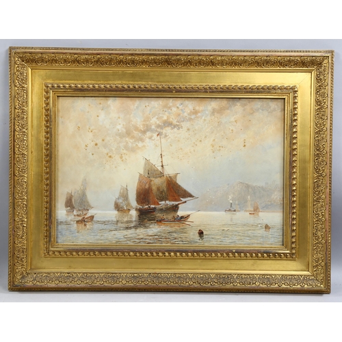 1015 - 19th century watercolour, boats off Whitby, unsigned, 34cm x 52cm, framed