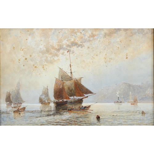 1015 - 19th century watercolour, boats off Whitby, unsigned, 34cm x 52cm, framed